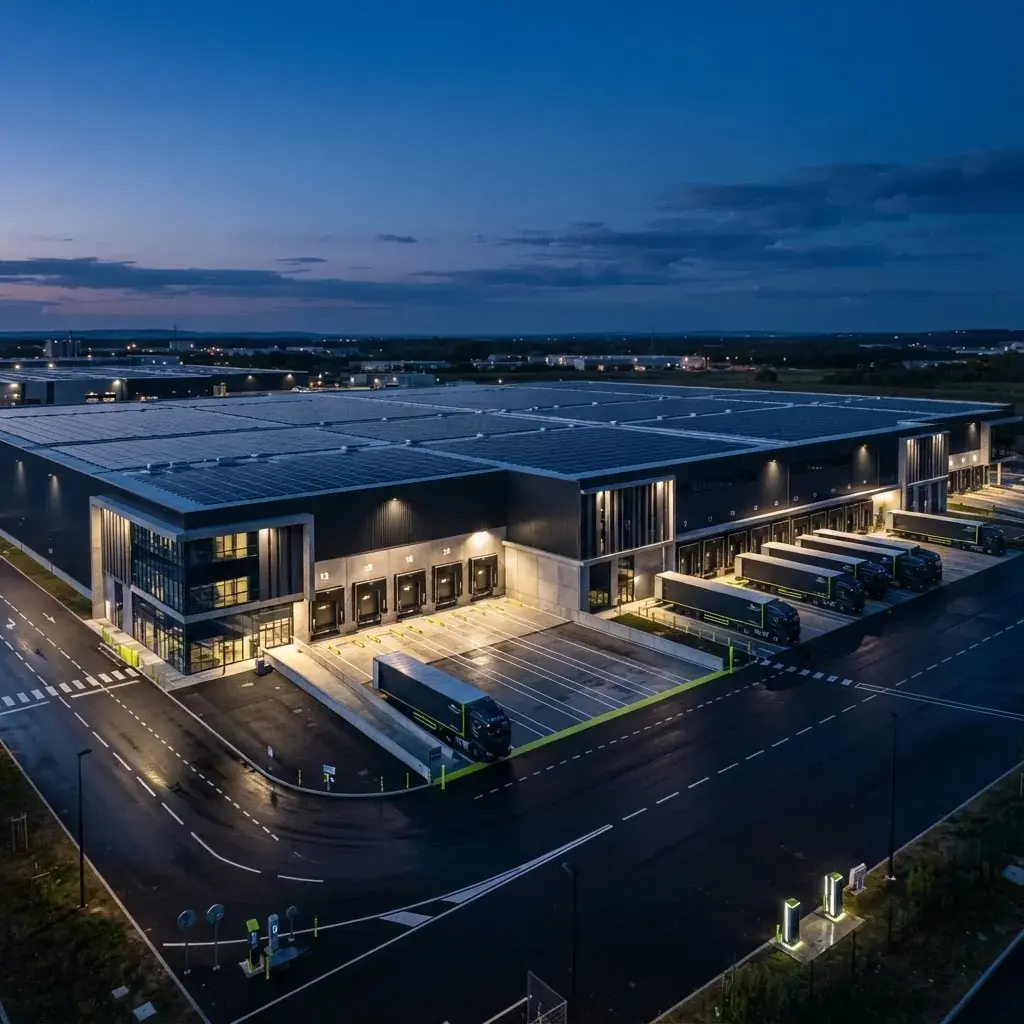 Entrepôt logistique moderne équipé de solutions énergétiques